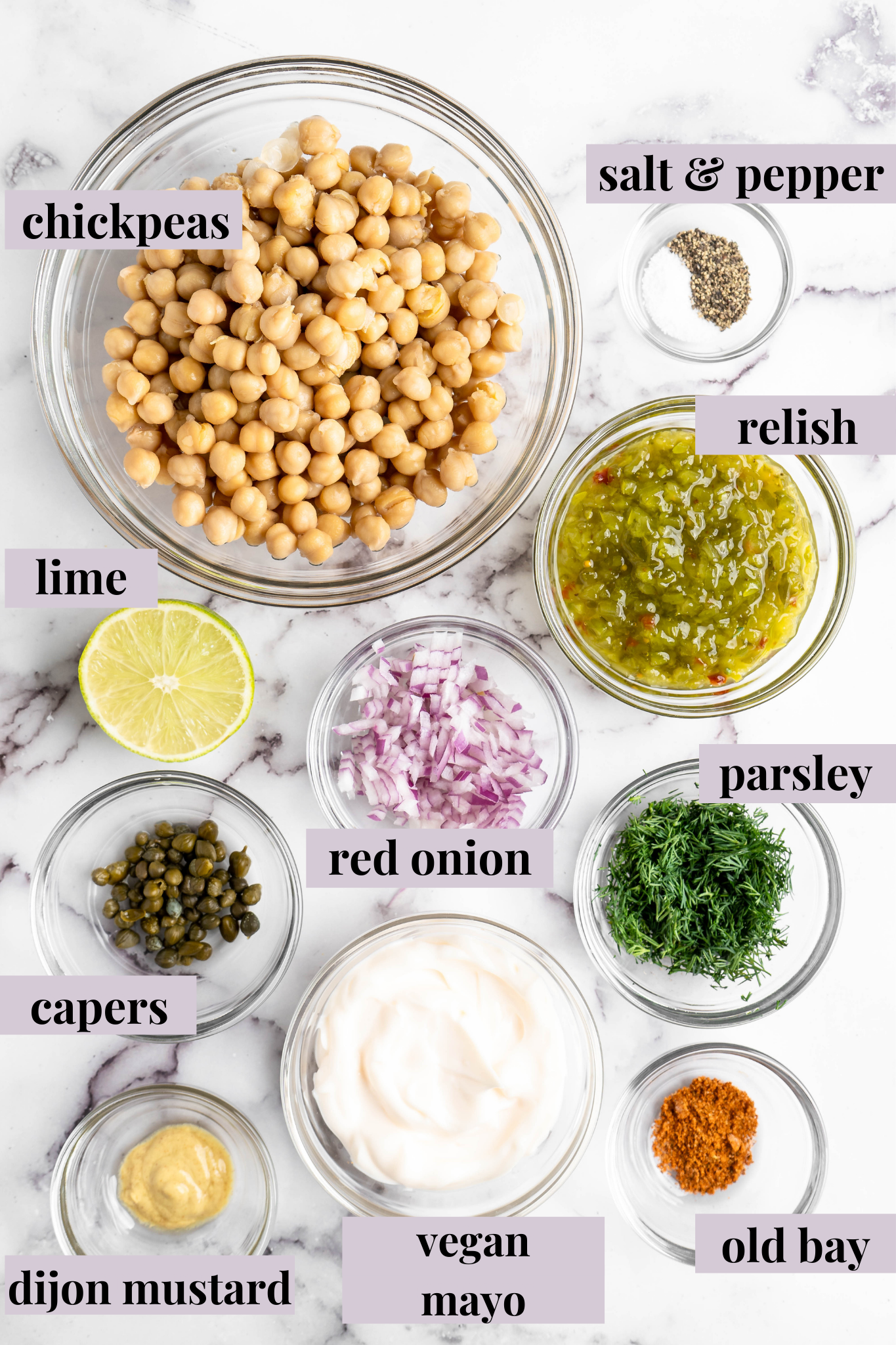 Overhead view of ingredients for chickpea tuna salad