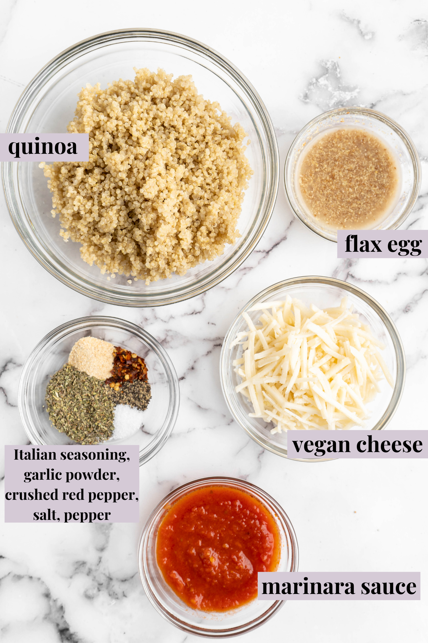 Overhead view of quinoa pizza bite ingredients with labels