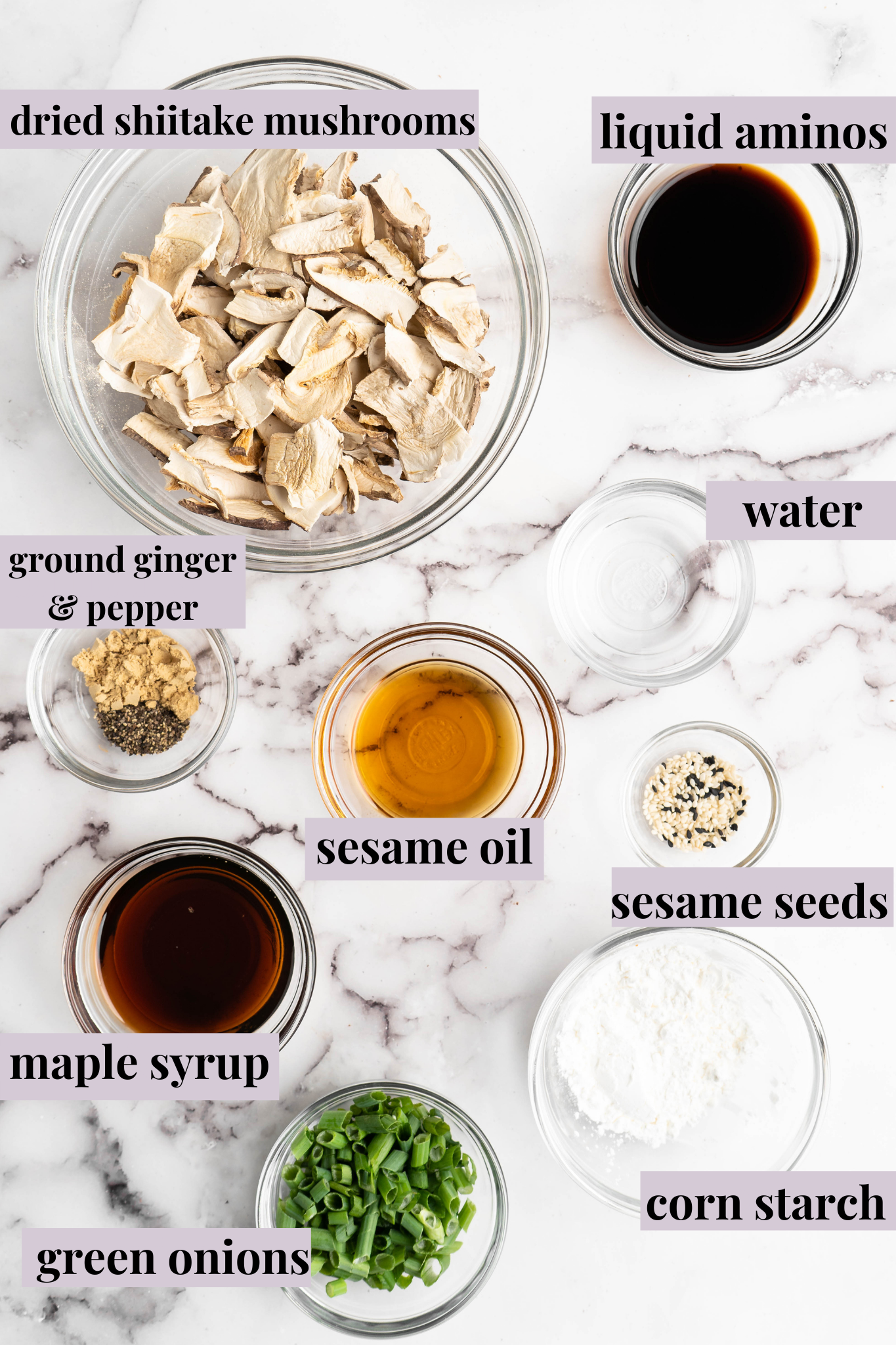 Overhead view of Sticky Sesame Shiitake Mushroom ingredients with labels