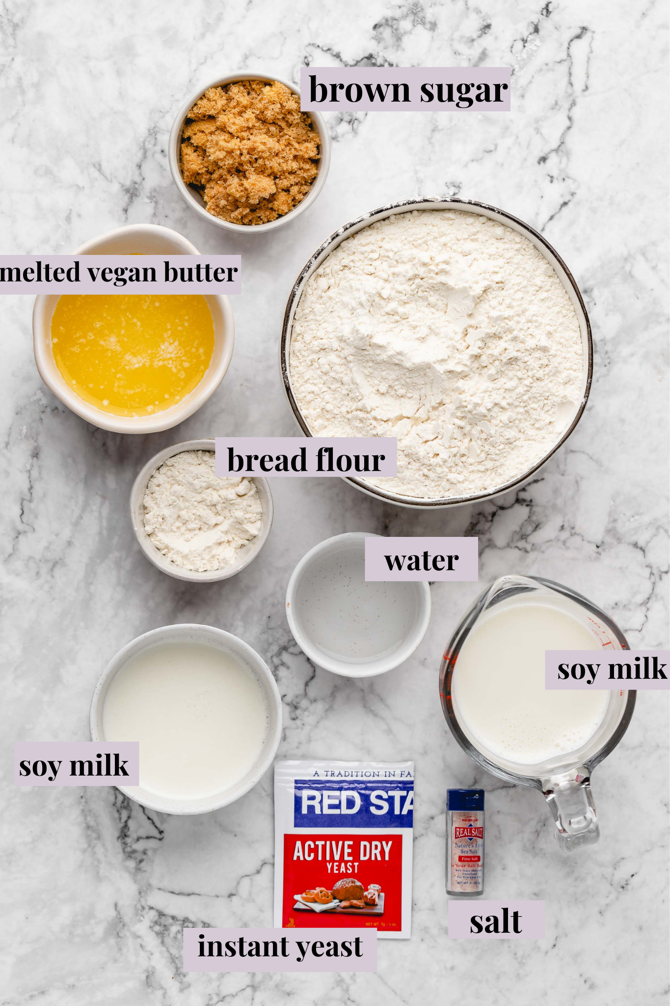 Overhead view of vegan milk bread ingredients with labels