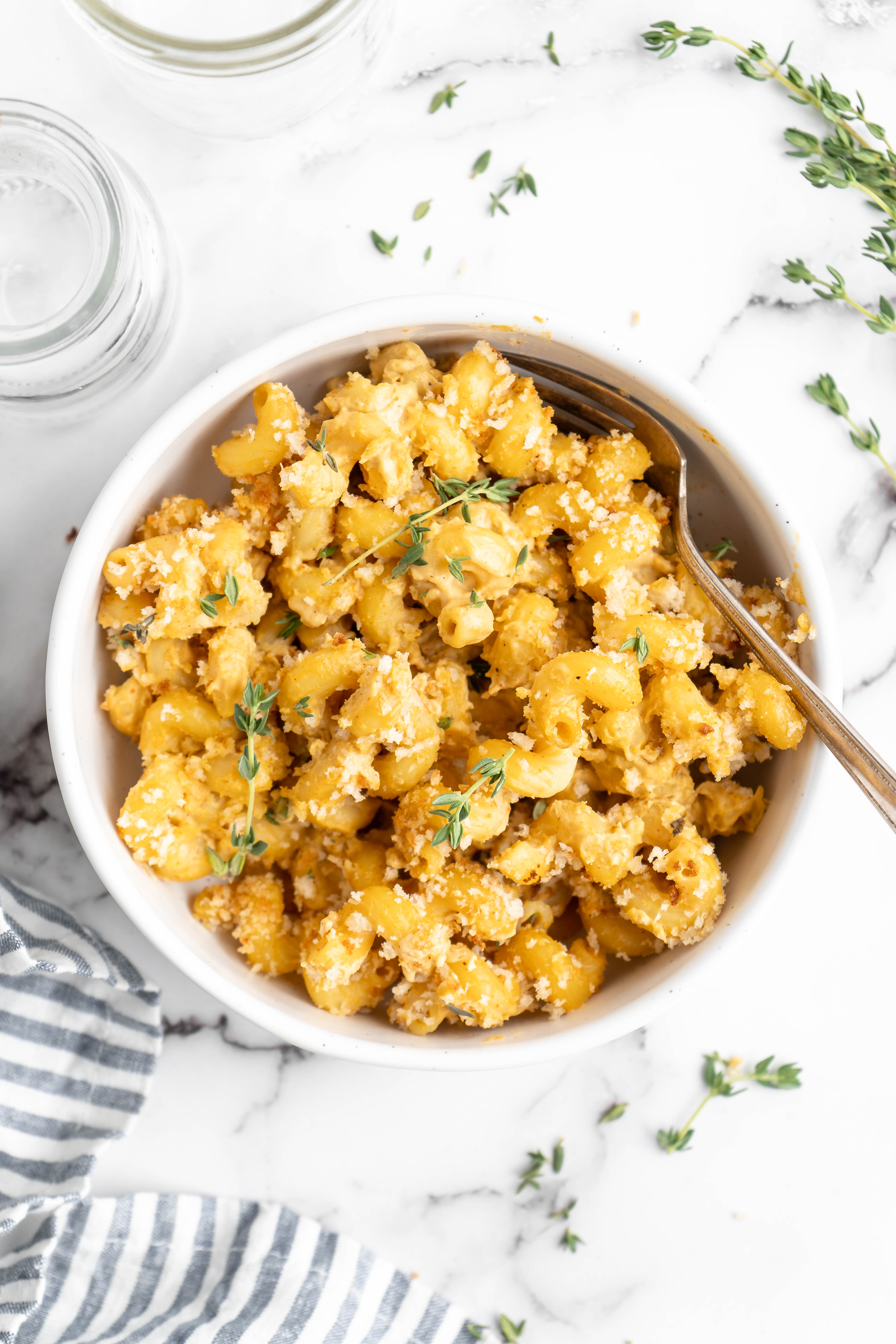 Bowl of baked vegan mac and cheese