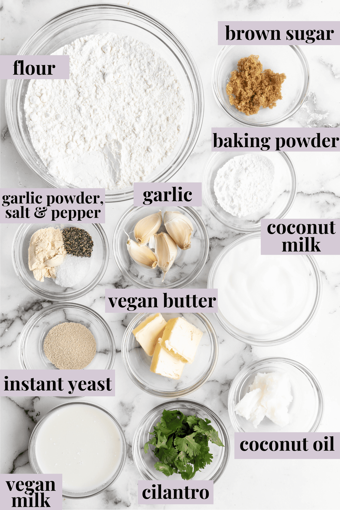 Overhead view of ingredients for garlic naan