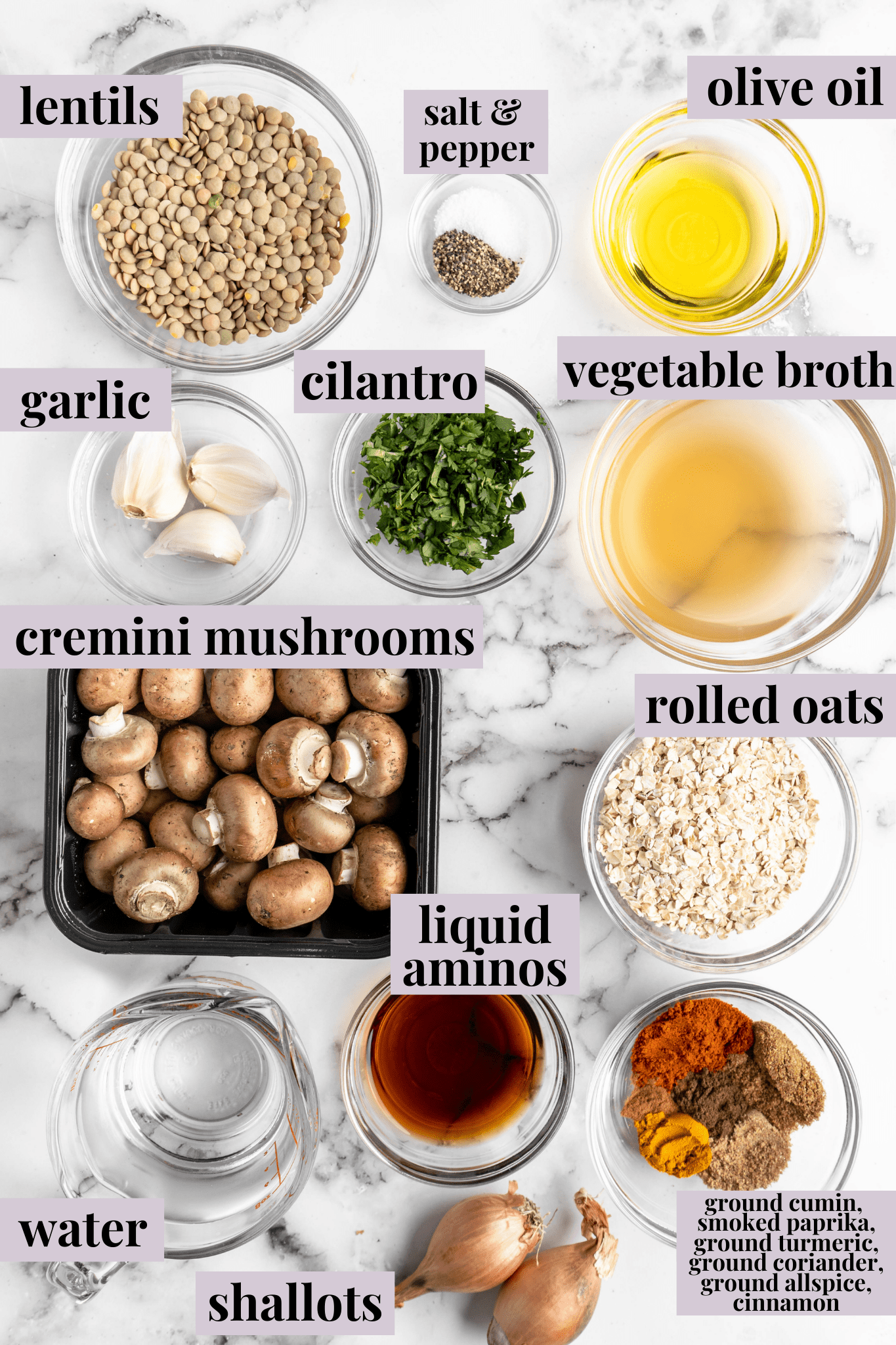 Overhead view of ingredients for vegan kofta with labels