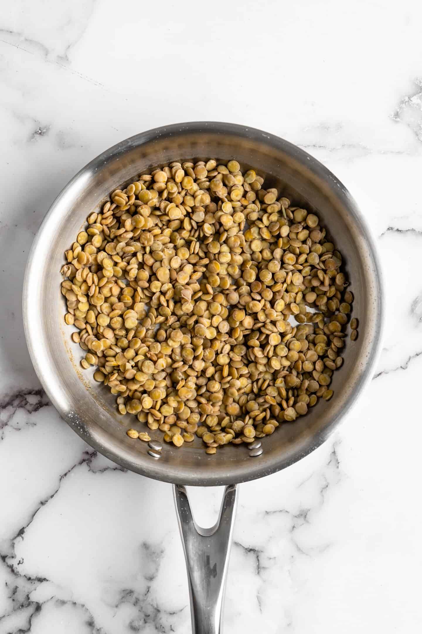 Overhead view of lentils in small pan