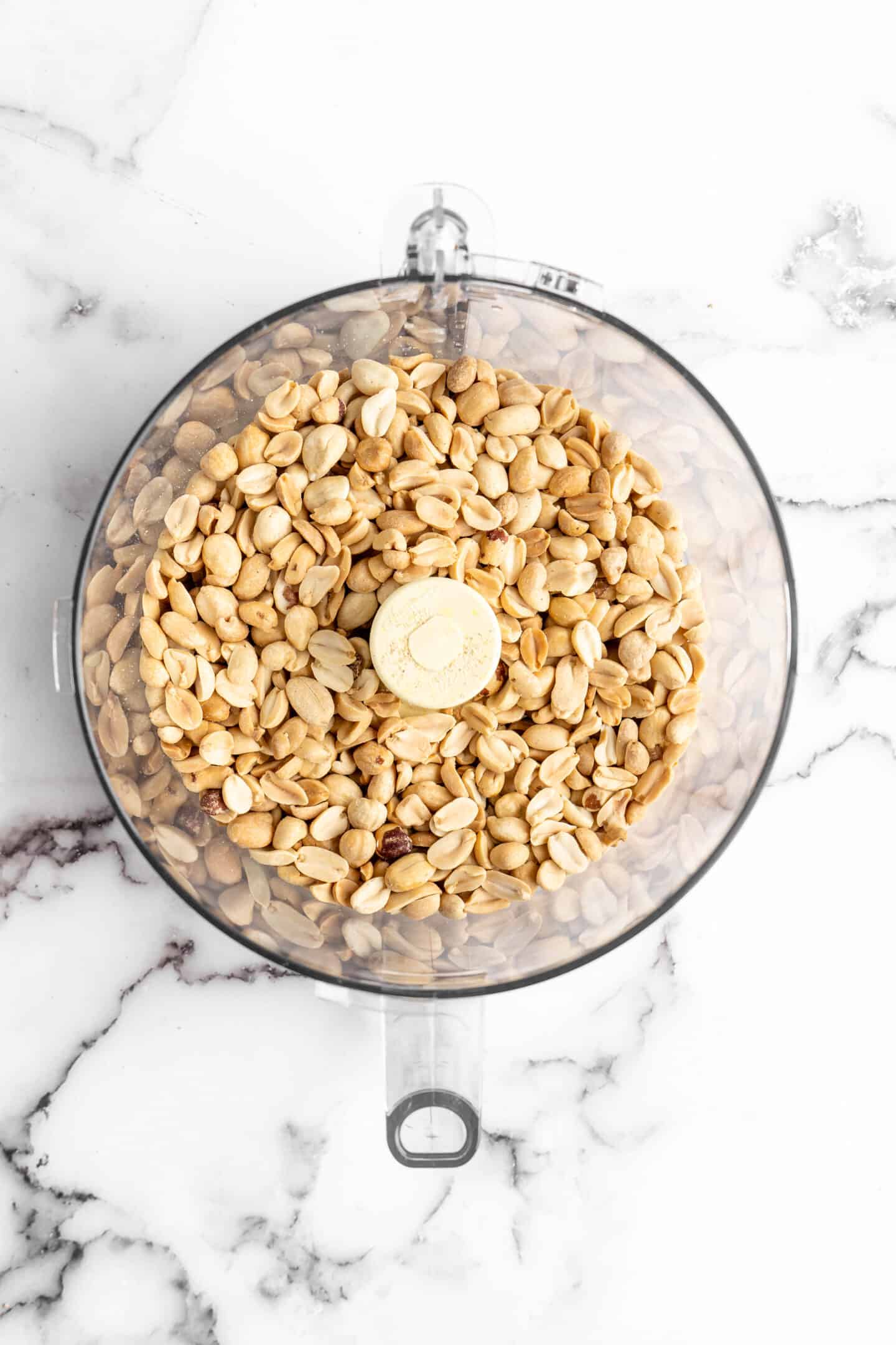 Overhead view of peanuts in food processor