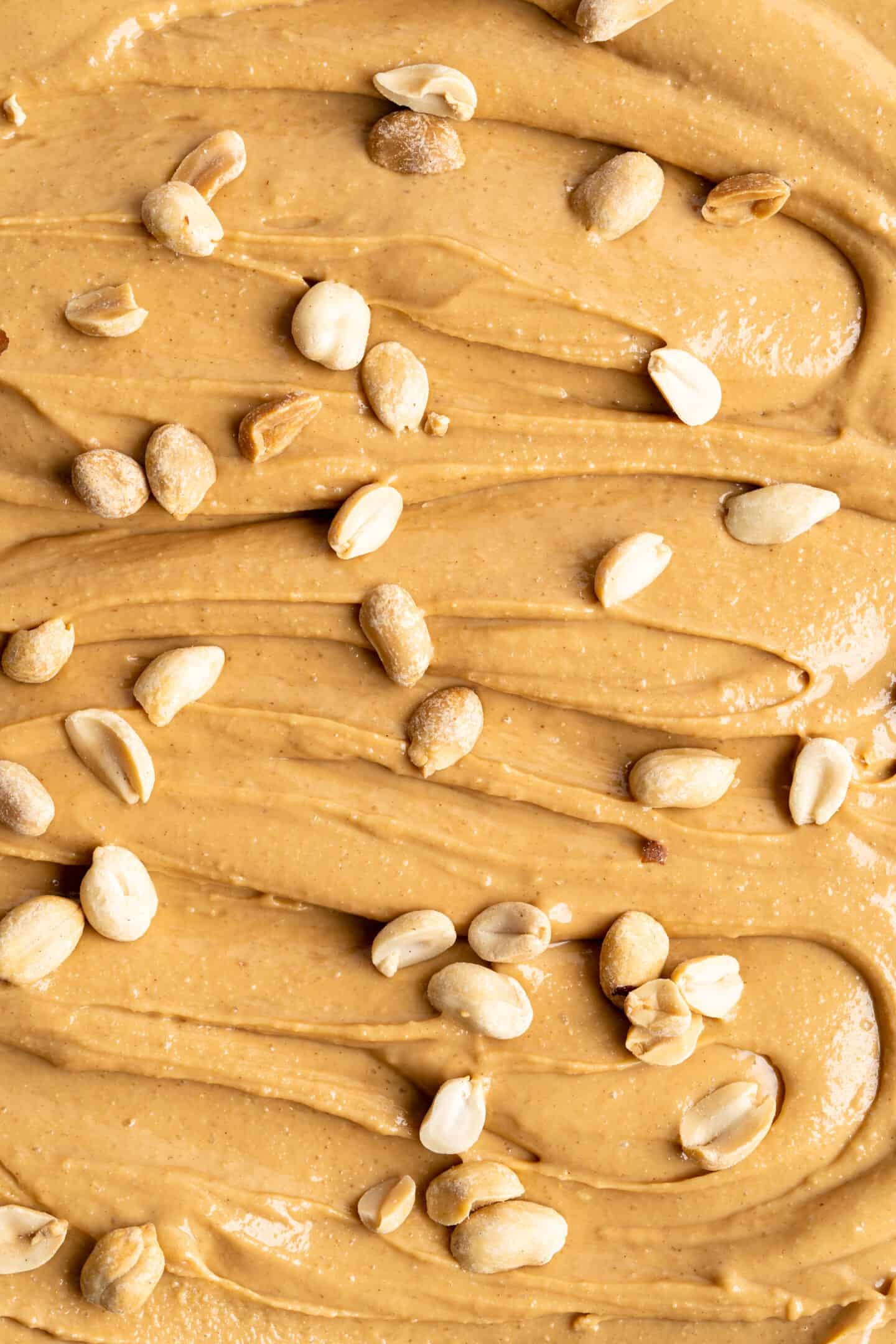 Closeup of peanut butter with peanuts sprinkled over the top