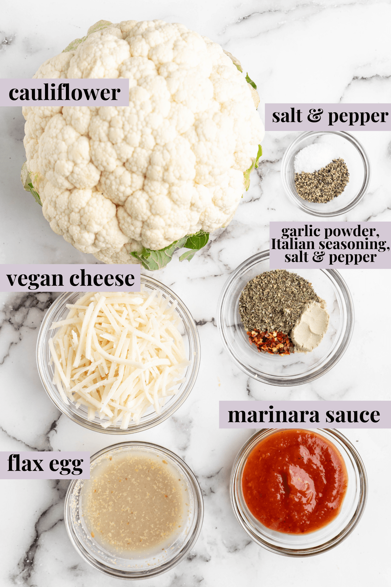 Overhead view of ingredients for cauliflower pizza bites, with labels