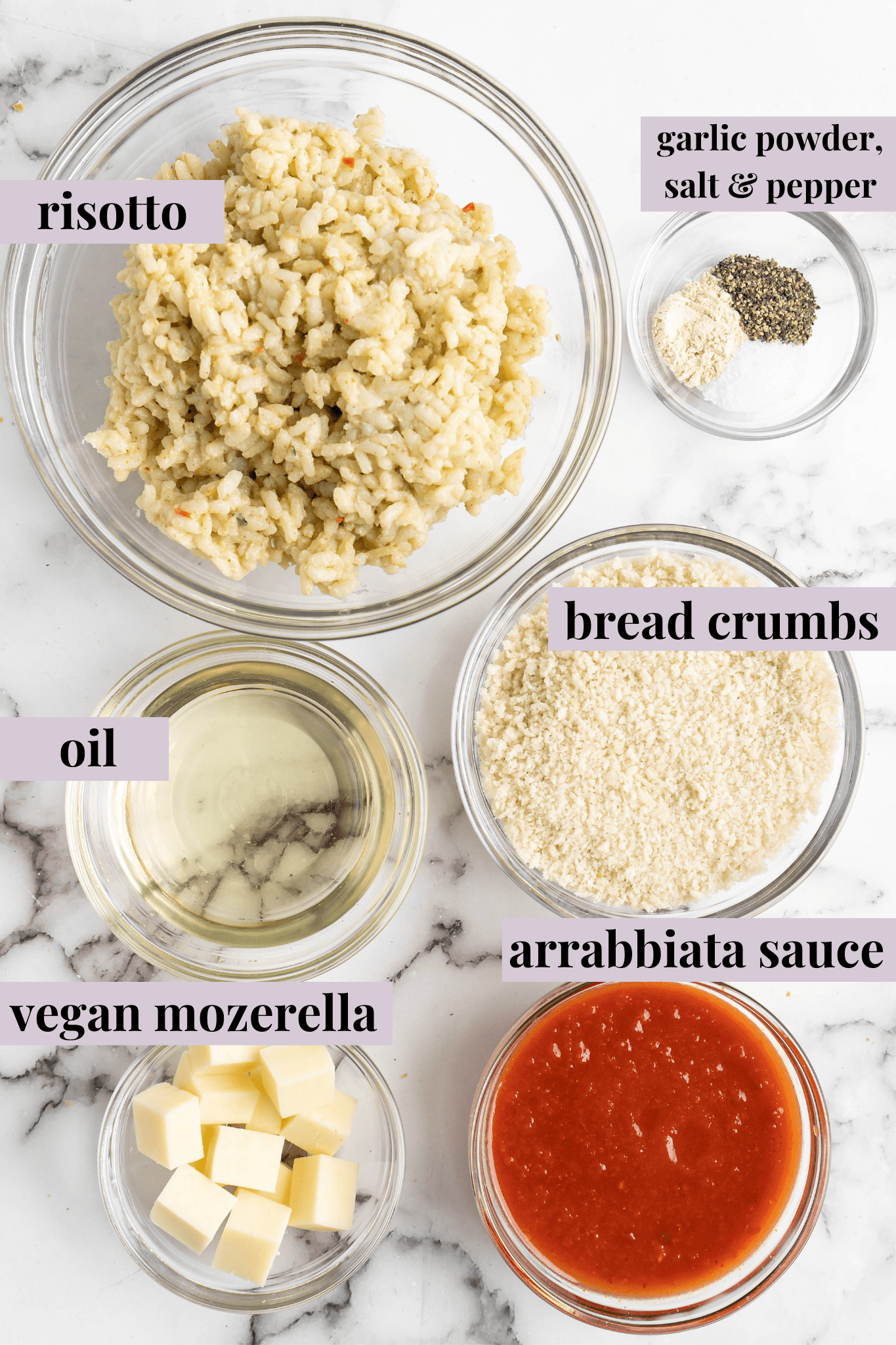 Overhead view of ingredients for vegan arancini, with labels