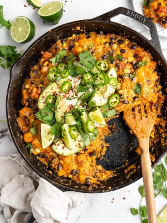 Overhead view of vegan quinoa enchilada skillet