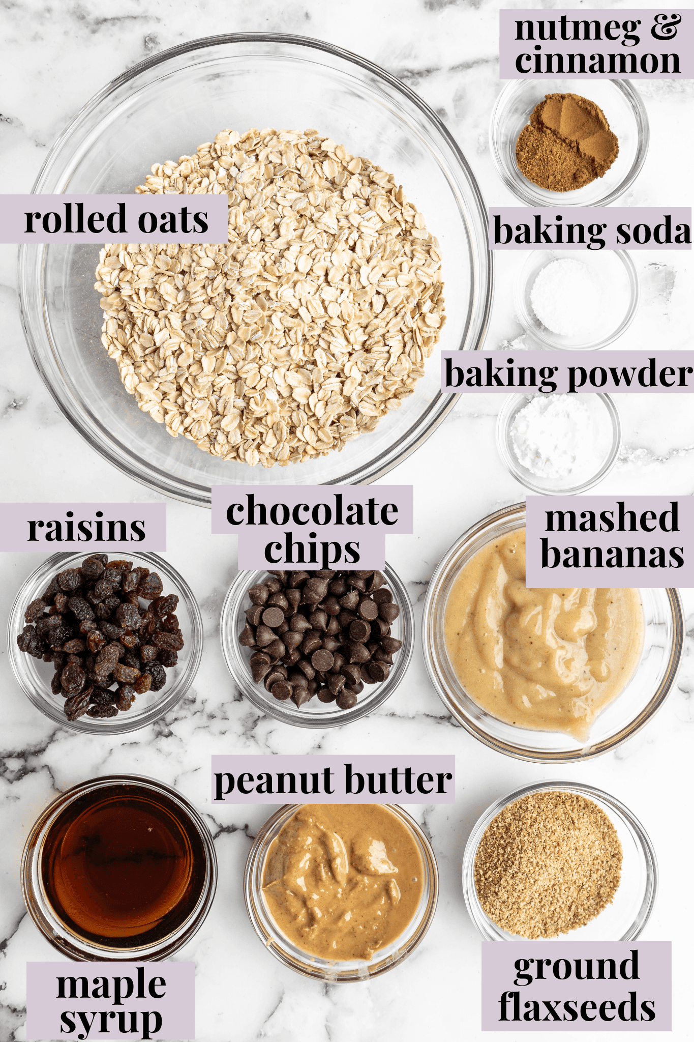 Overhead view of banana oatmeal cookie ingredients with labels.