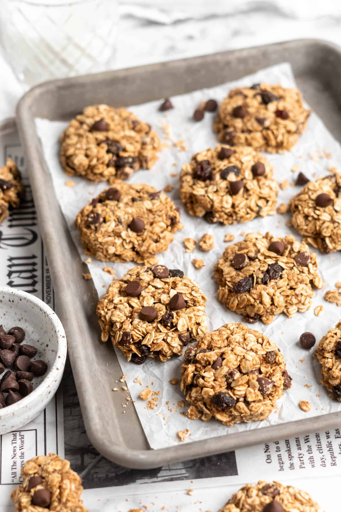 Banana oatmeal cookies on a baking sheet.