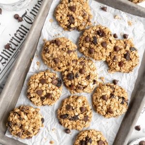 Overhead view of banana oatmeal cookies on baking sheet