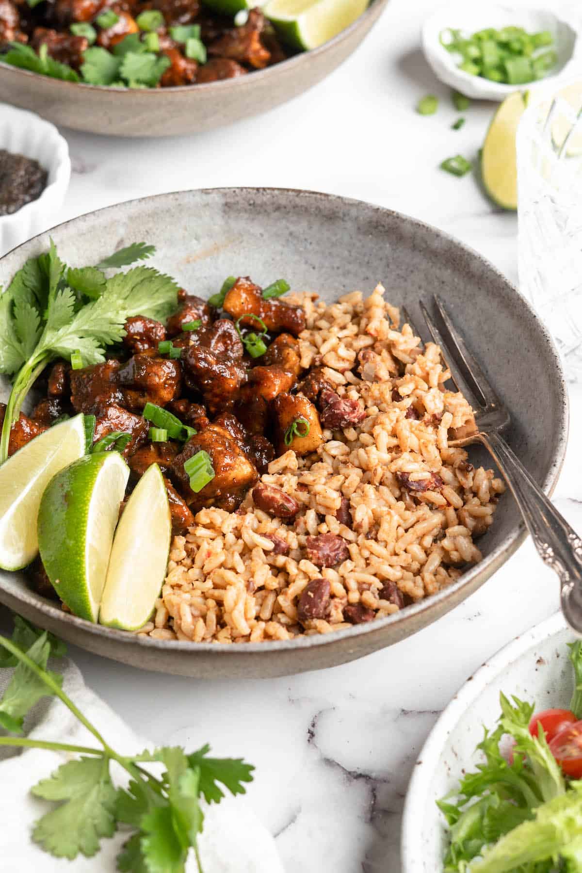 Bowl of Jamaican jerk tofu and rice