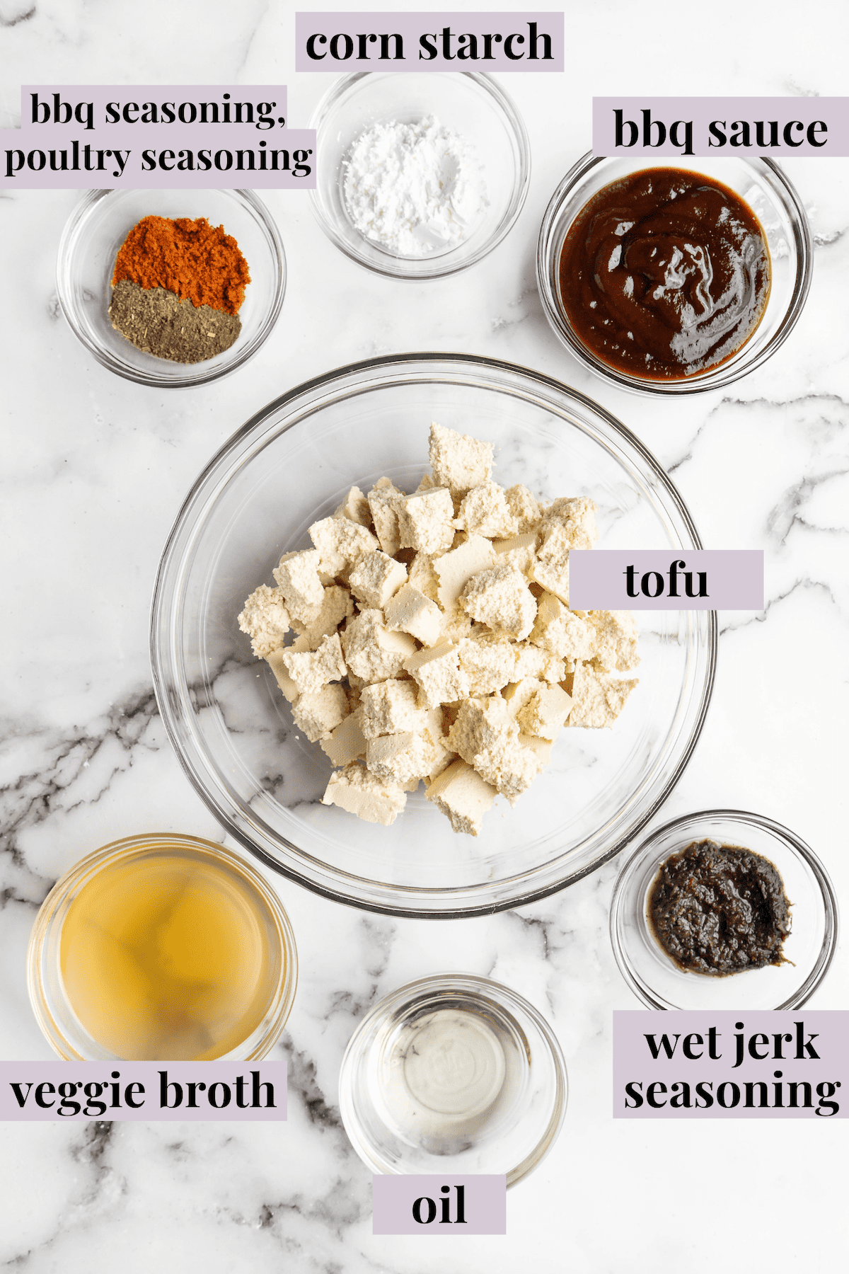 Overhead view of ingredients for jerk tofu