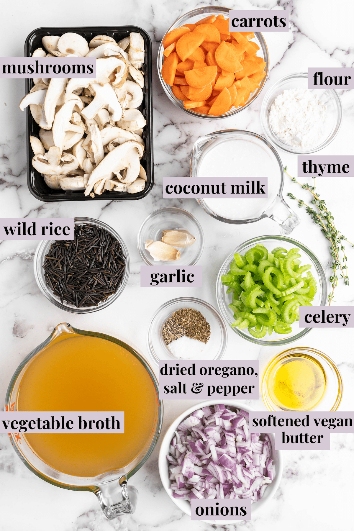Overhead view of vegan mushroom wild rice soup ingredients with labels