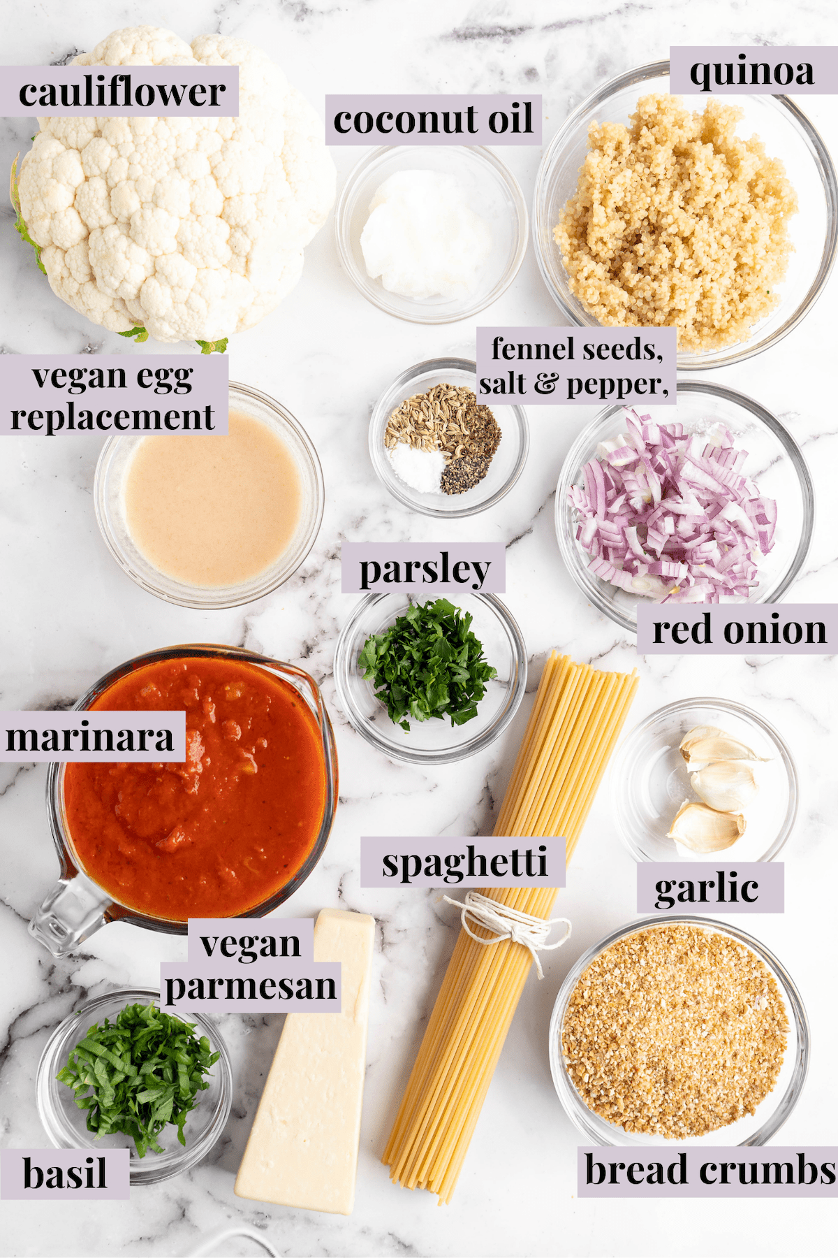 Overhead view of vegan spaghetti and meatball ingredients with labels
