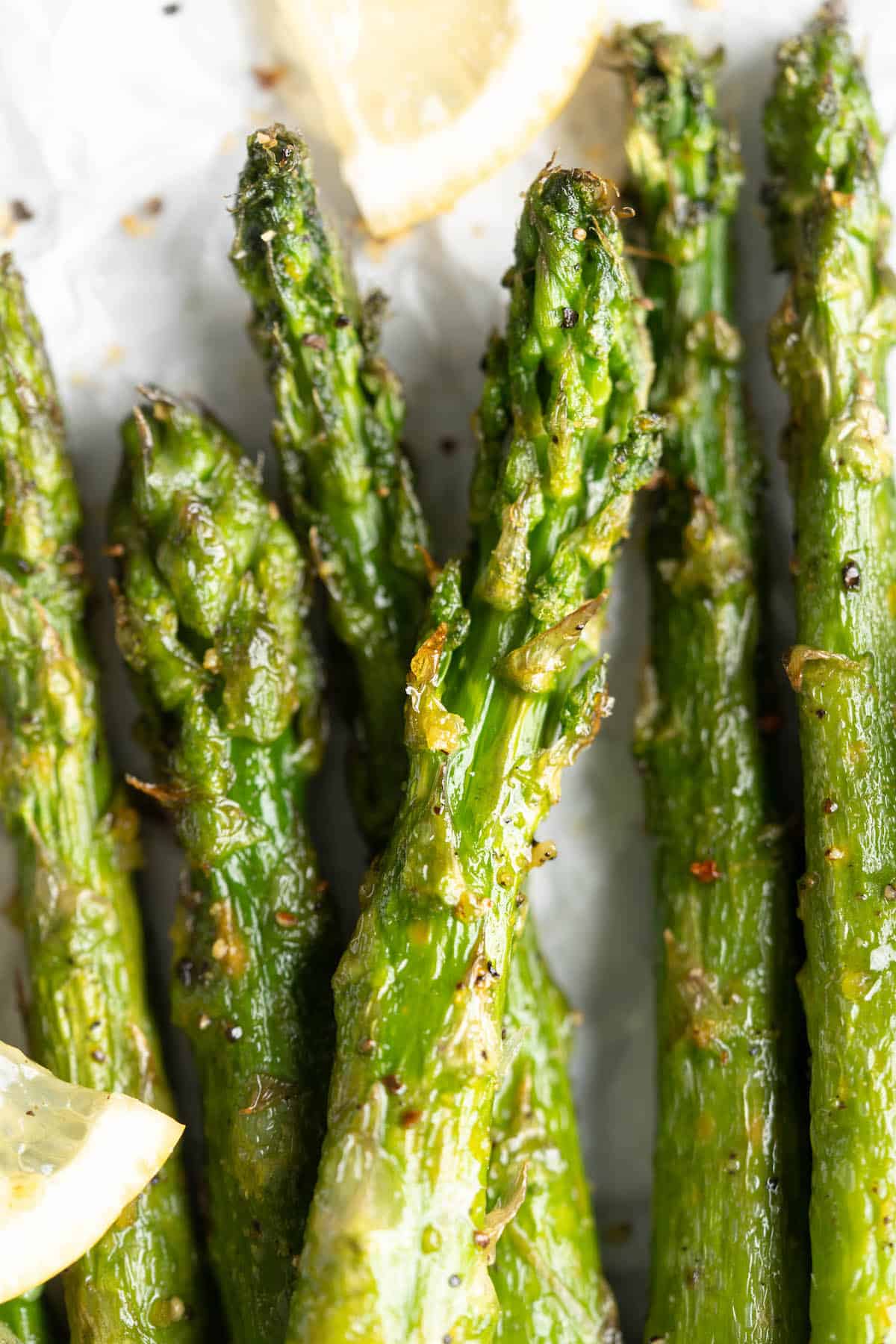 Closeup of air fryer asparagus