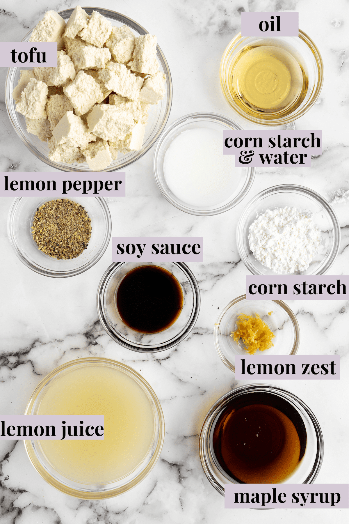 Overhead view of ingredients for lemon pepper tofu with labels