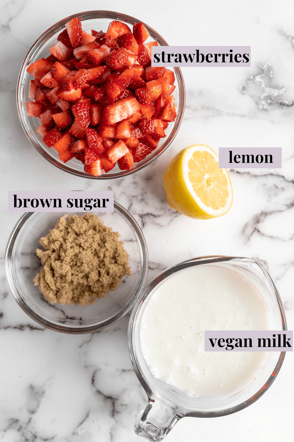 Overhead view of vegan Korean strawberry milk ingredients