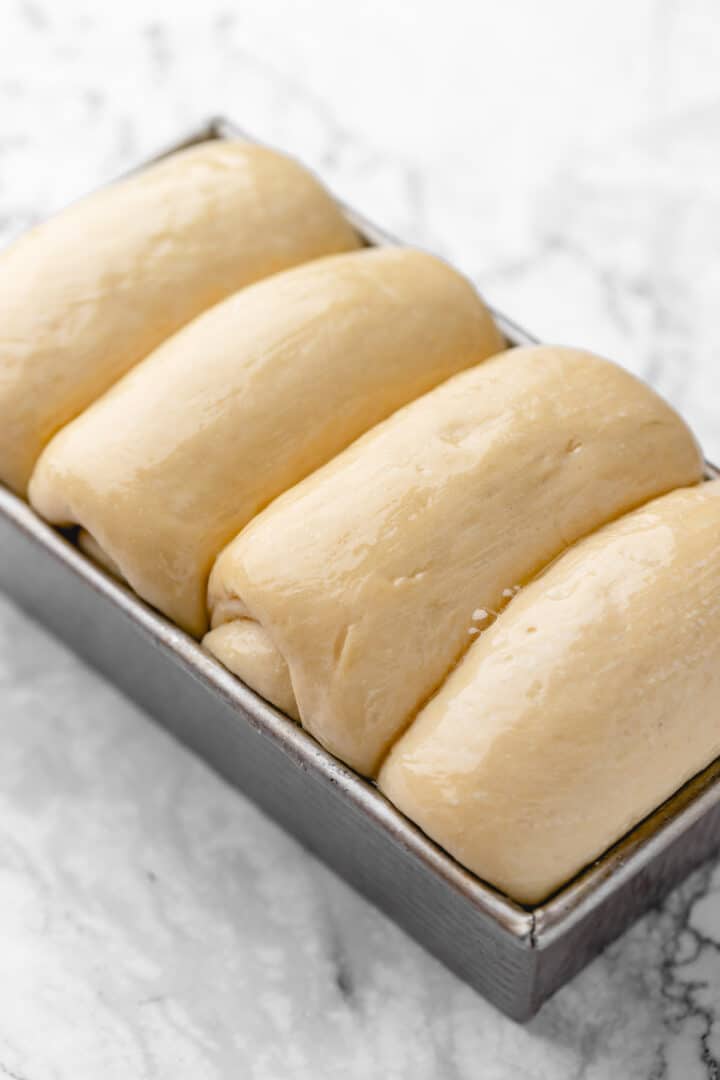 Vegan milk bread dough in loaf pan