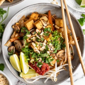 Overhead view of vegan Pad Thai with chopsticks