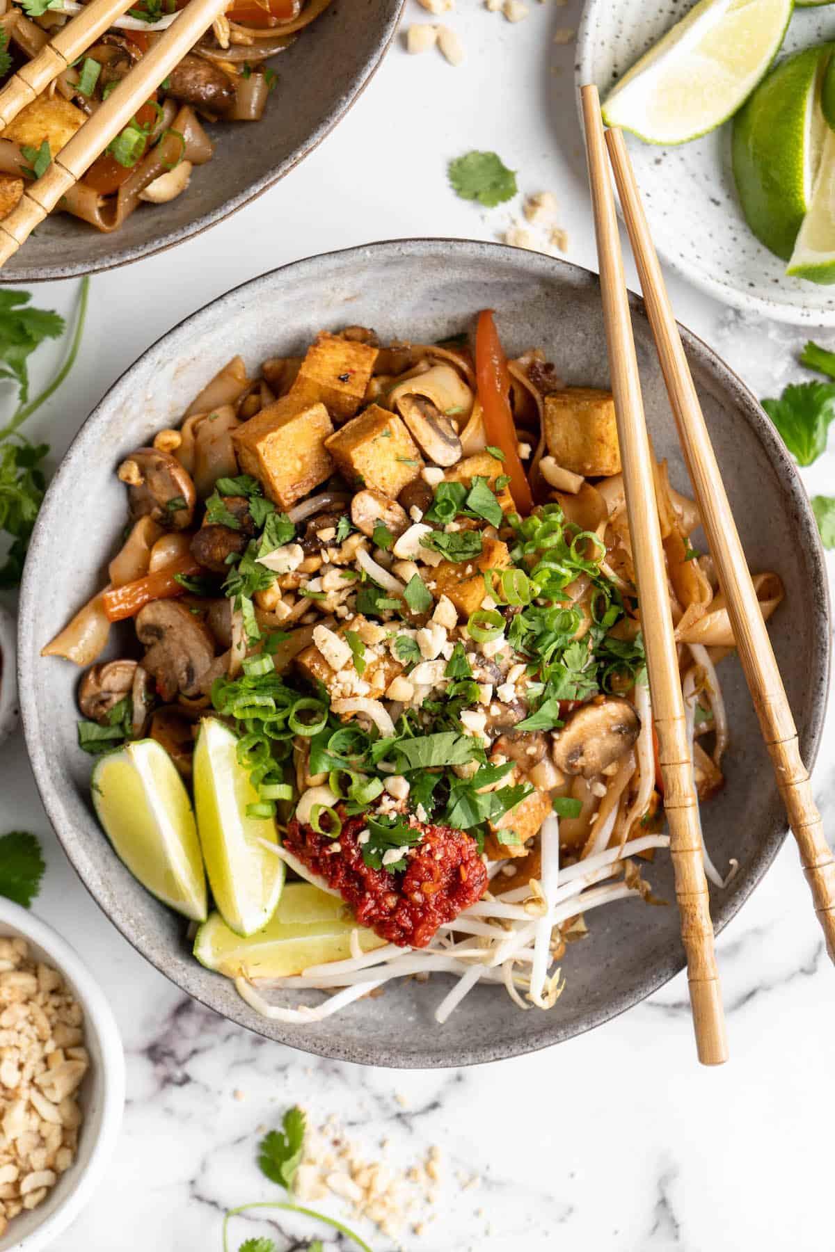 Overhead view of vegan Pad Thai with chopsticks