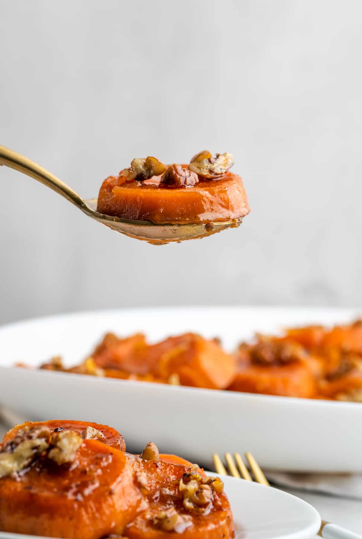 Candied yams on a fork