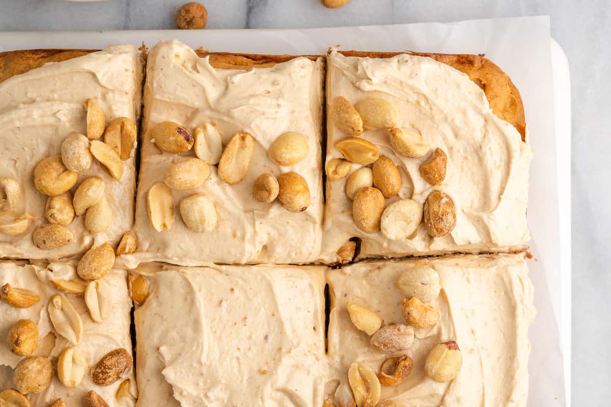 Peanut butter cake cut into squares