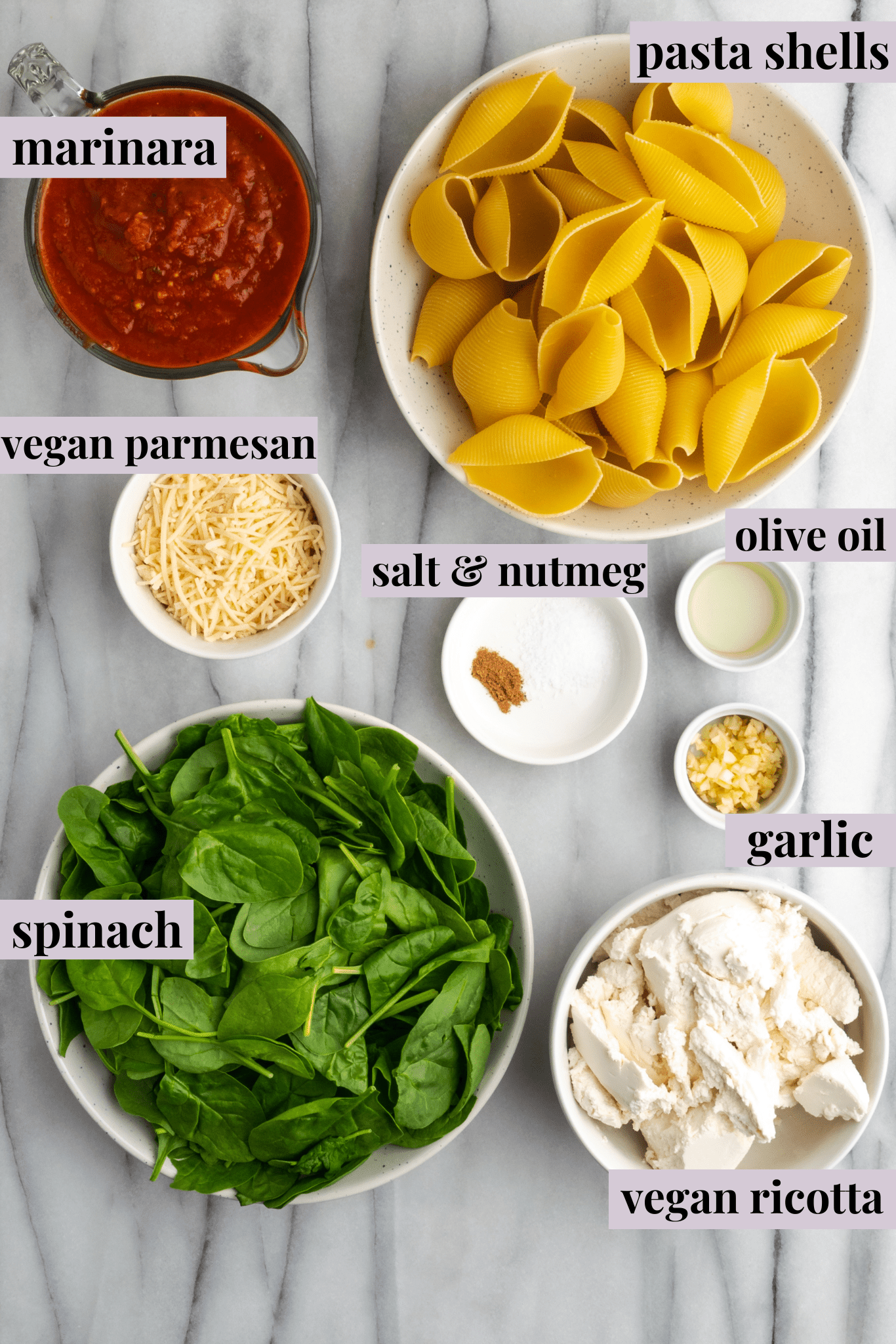 Ingredients for making stuffed vegan shells with labels