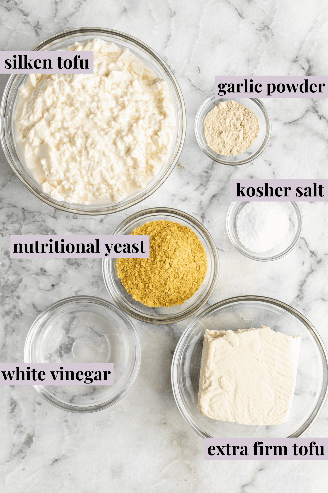Ingredients for vegan ricotta with labels