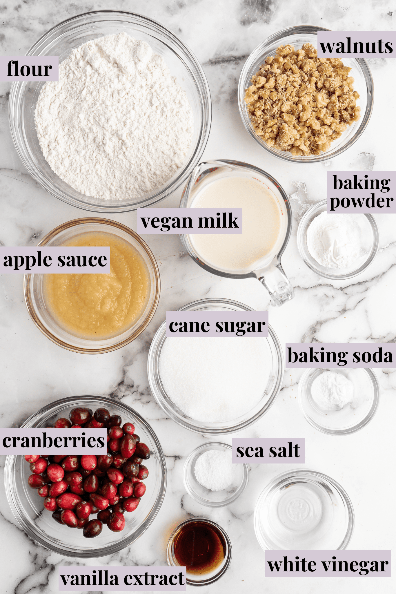 Overhead view of the labeled ingredients for cranberry walnut bread: a bowl of flour, a bowl of walnuts, a bowl of applesauce, a bowl of cranberries, a bowl of vegan milk, a bowl of cane sugar, a bowl of baking powder, a bowl of baking soda, a bowl of salt, a bowl of white vinegar, and a bowl of vanilla extract