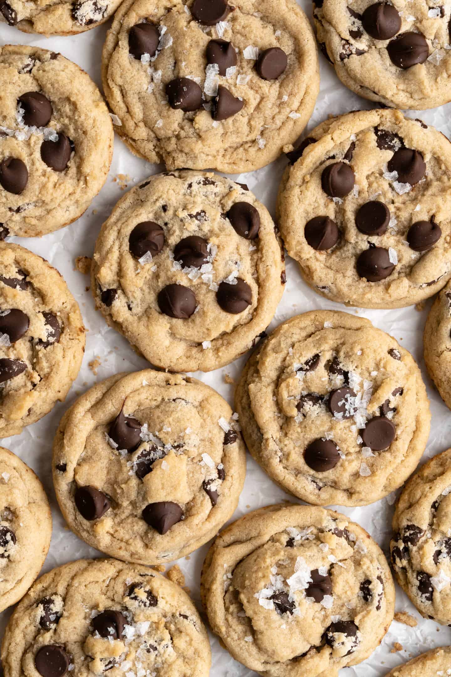 close up of Vegan chocolate chip cookies on parchment paper