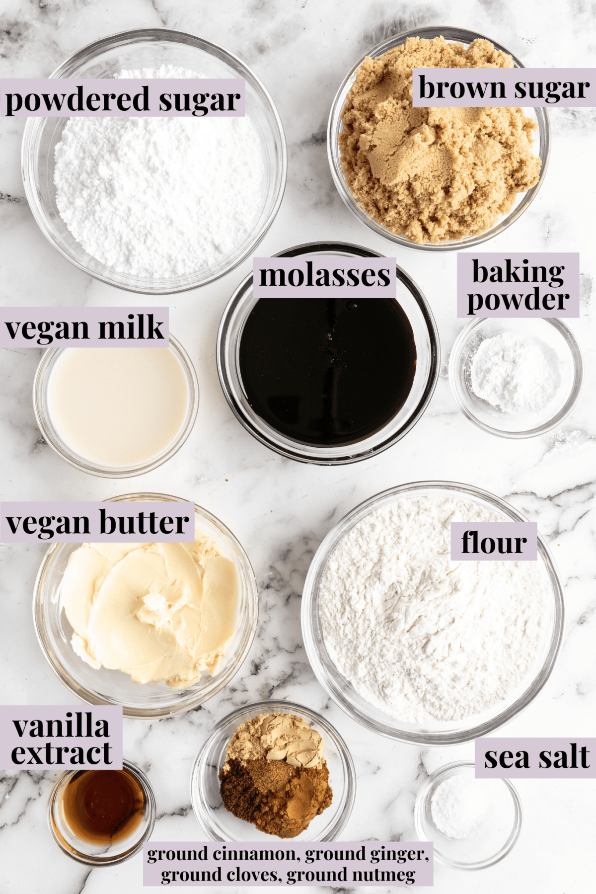 Overhead view of all the labeled ingredients for gingerbread men: powdered sugar, brown sugar, vegan milk, molasses, baking powder, vegan butter, flour, vanilla extract, sea salt, and a bowl of cinnamon, nutmeg, ginger, and closves