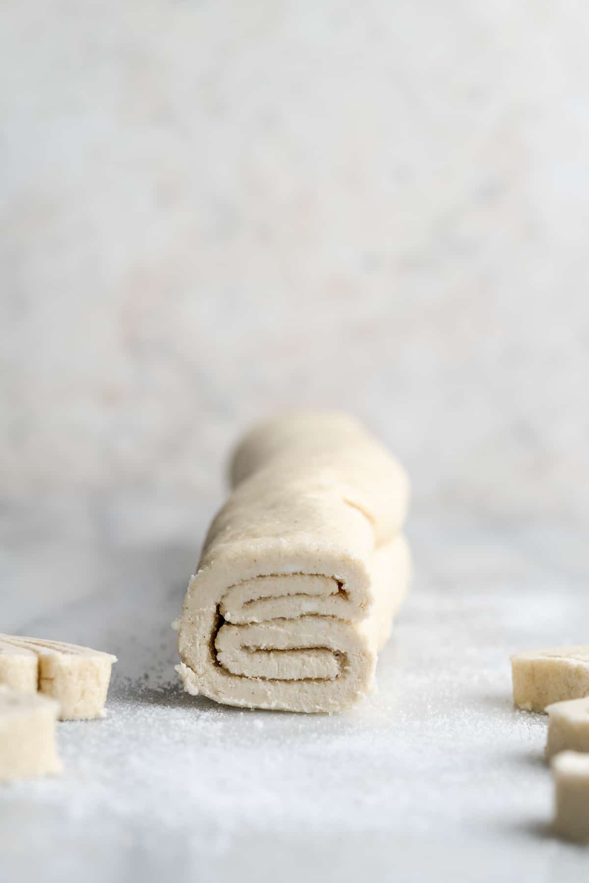 Cross section of puff pastry palmier dough folded onto itself