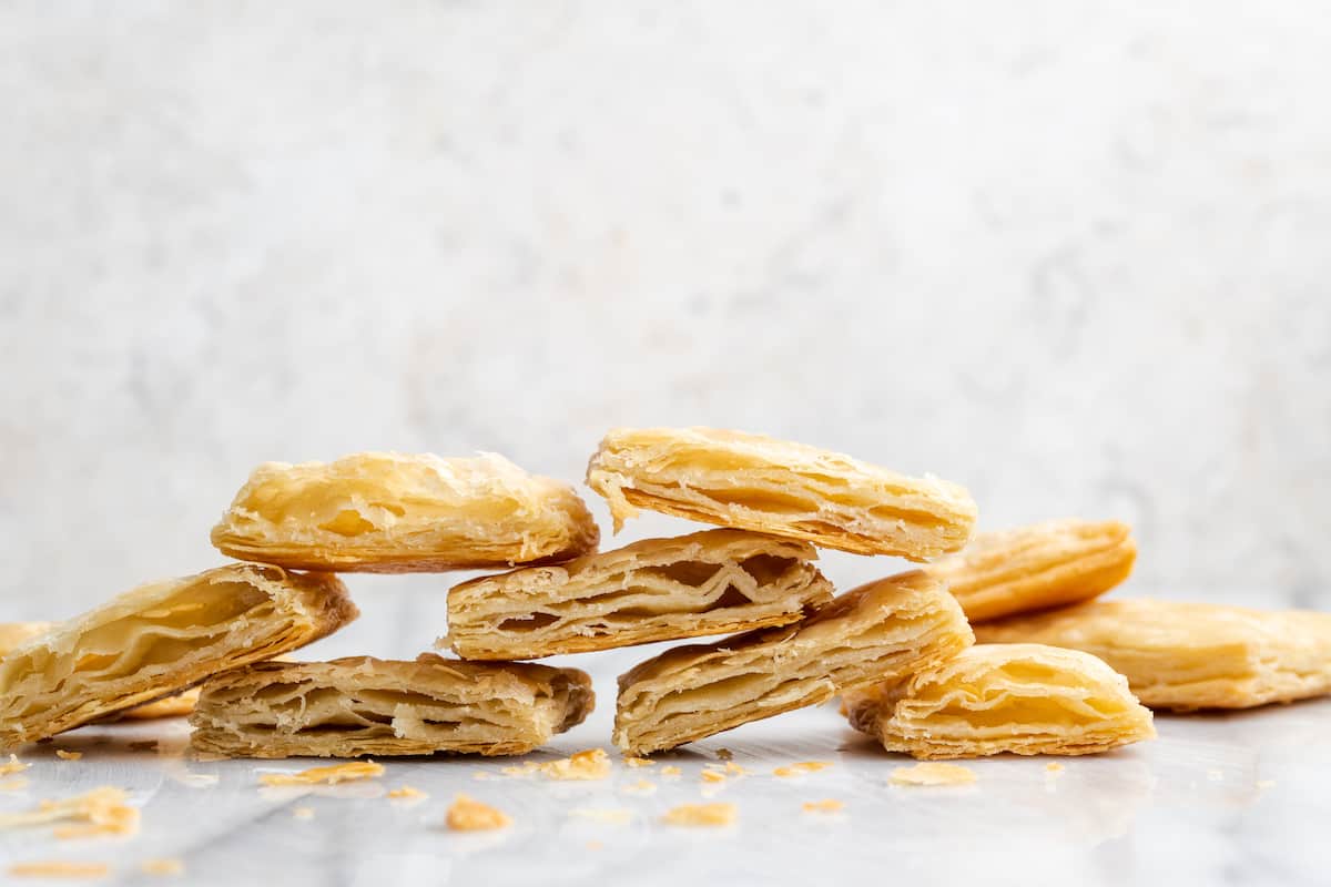 A row of stacked baked puff pastry