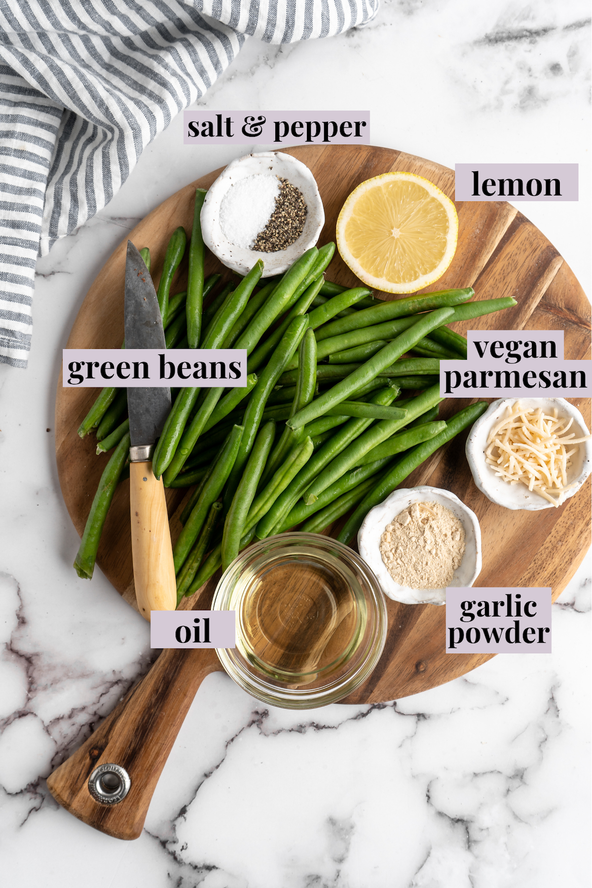 Overhead view of air fryer green bean ingredients with labels