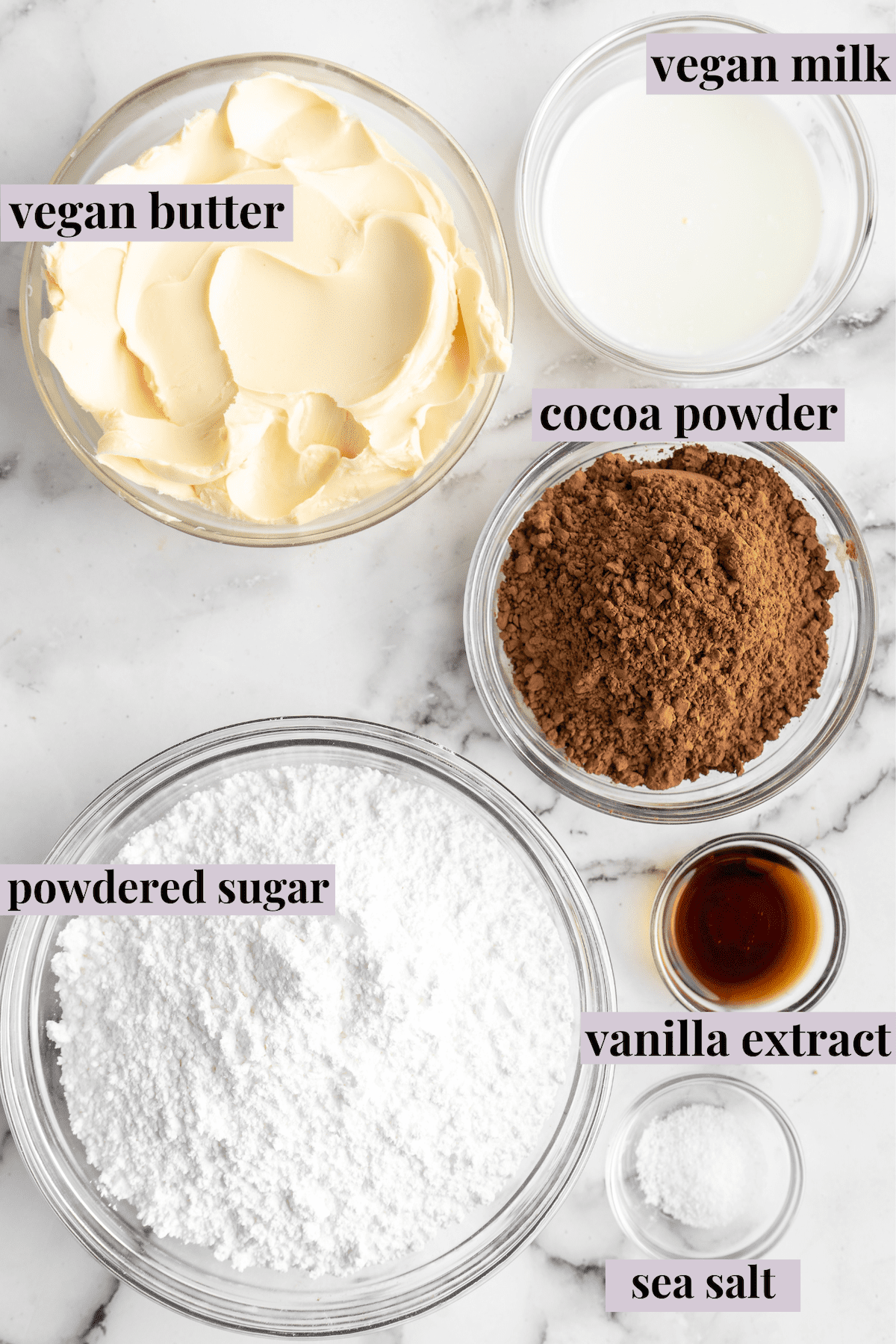Overhead view of vegan chocolate frosting ingredients with labels