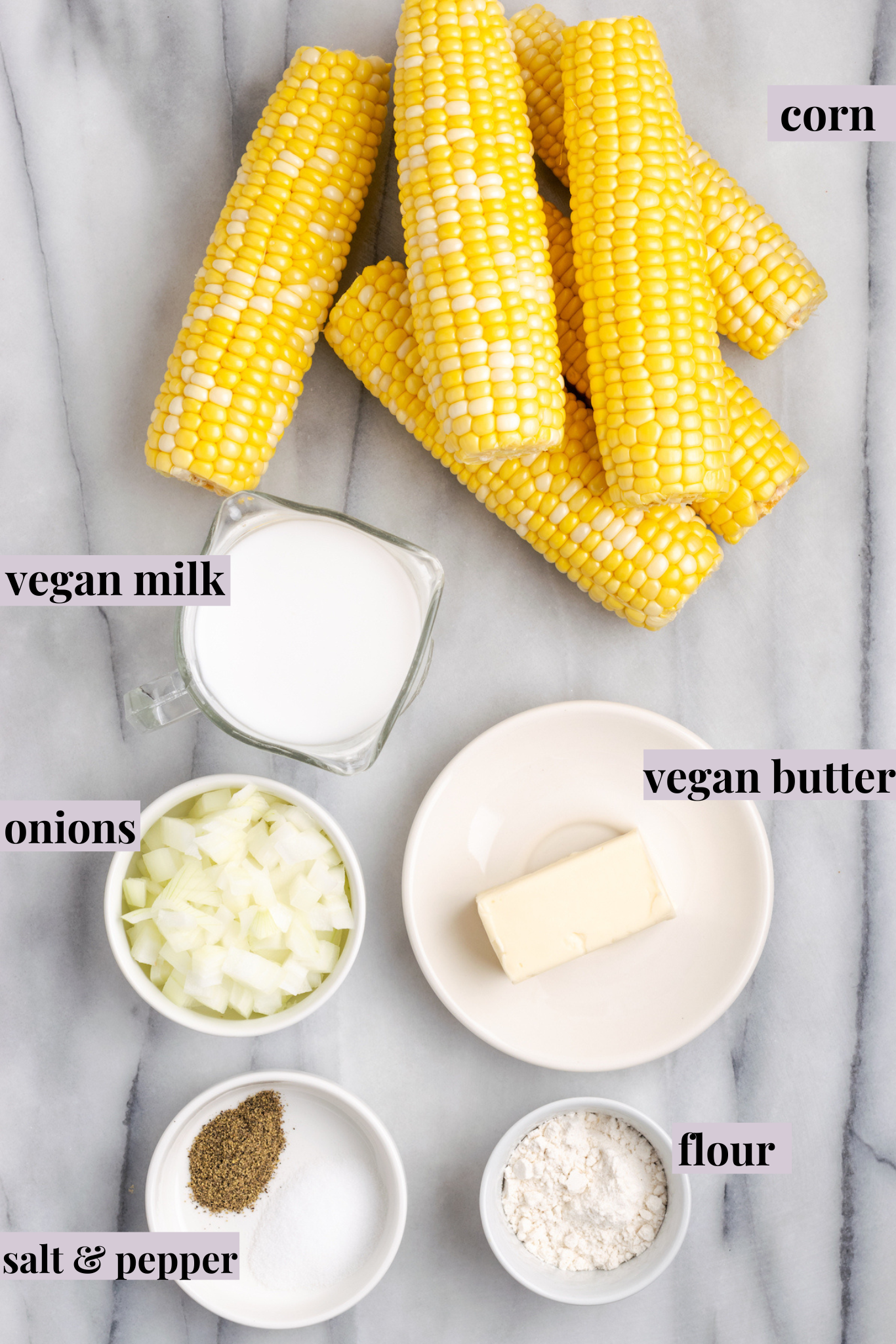 Overhead view of vegan creamed corn ingredients with labels