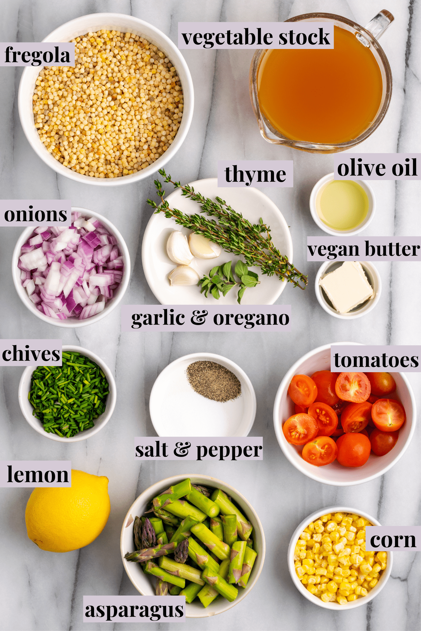 Overhead view of ingredients for herb and veggie fregola