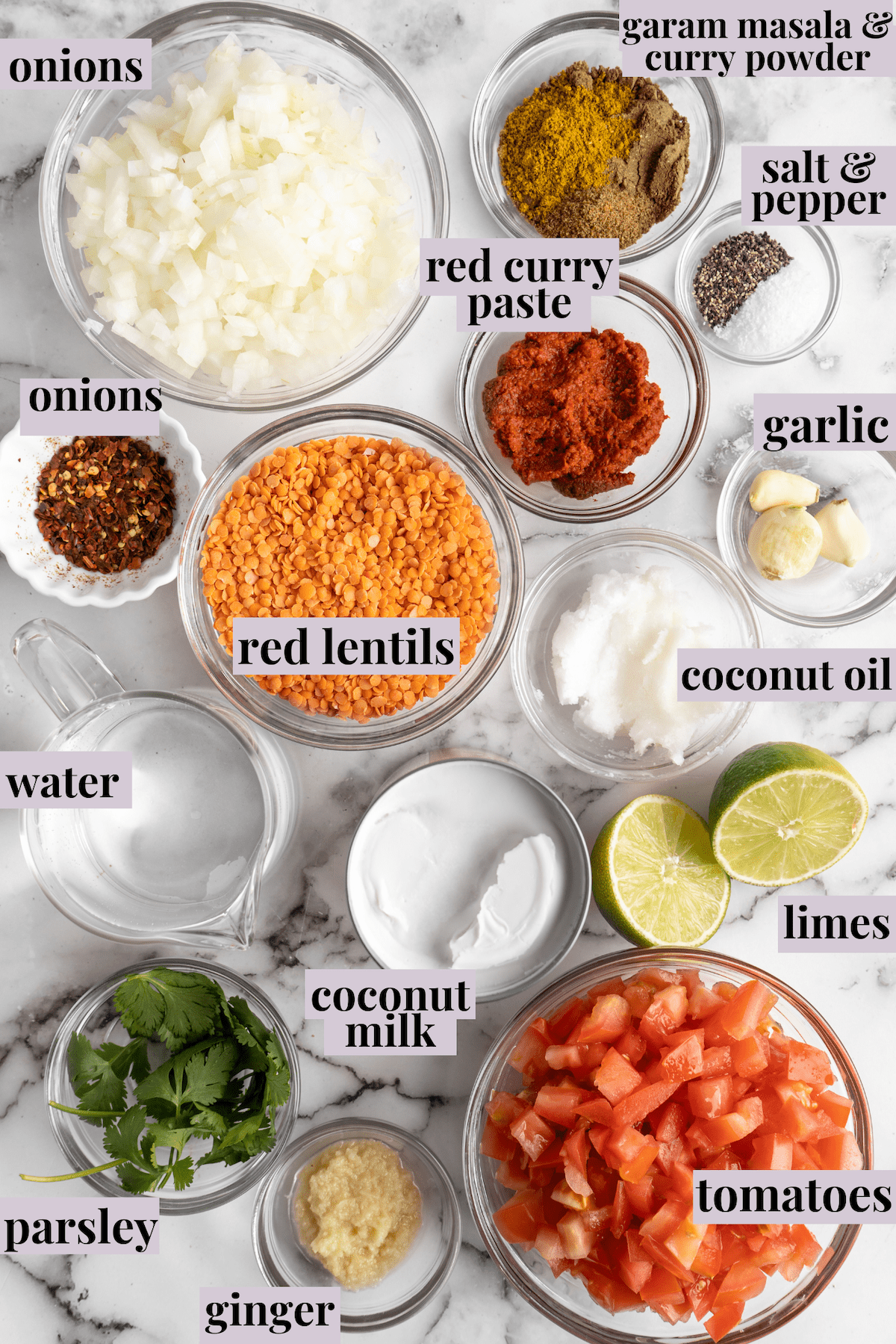 Overhead view of ingredients for red lentil curry with labels