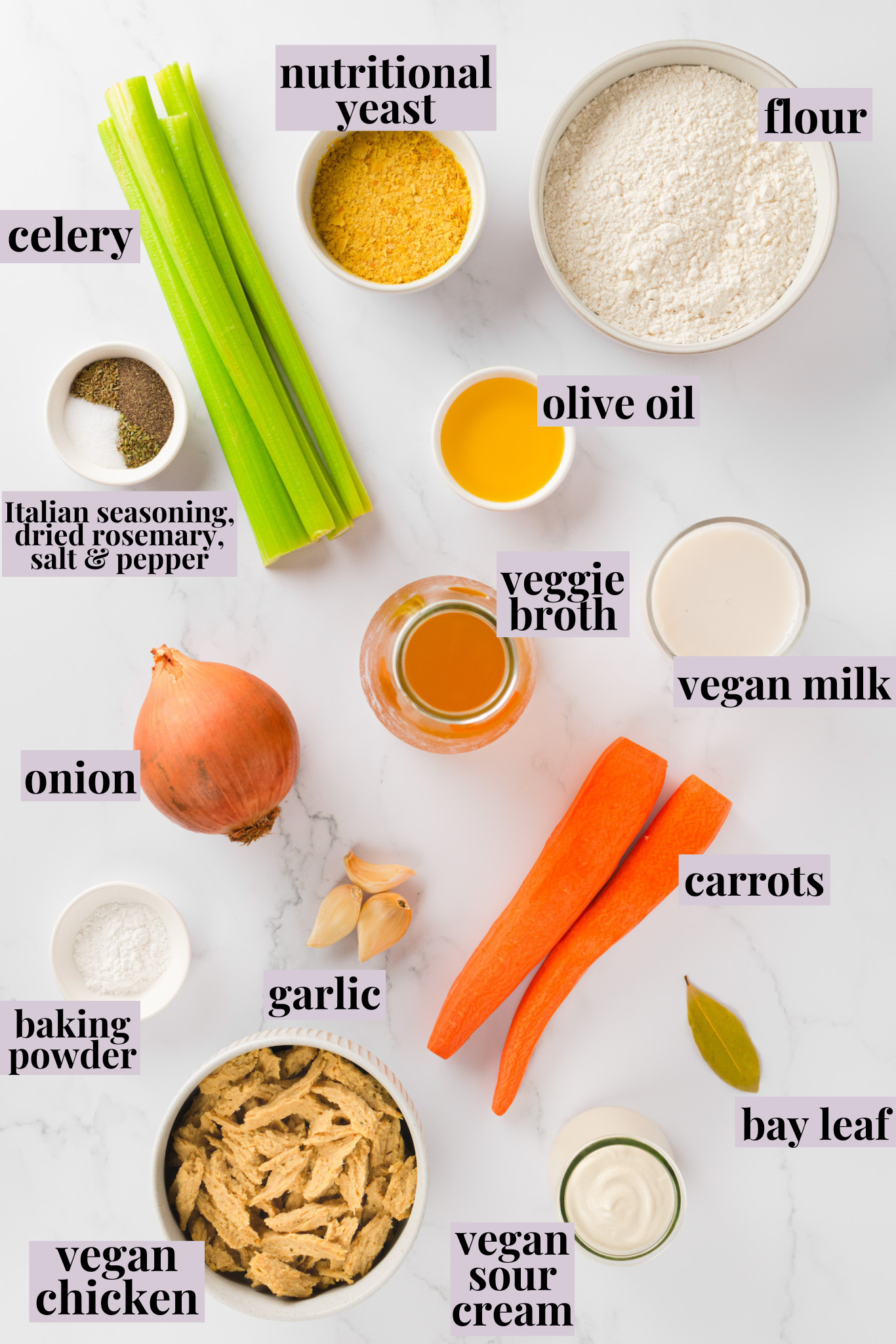 Overhead view of ingredients for vegan chicken and dumplings with labels