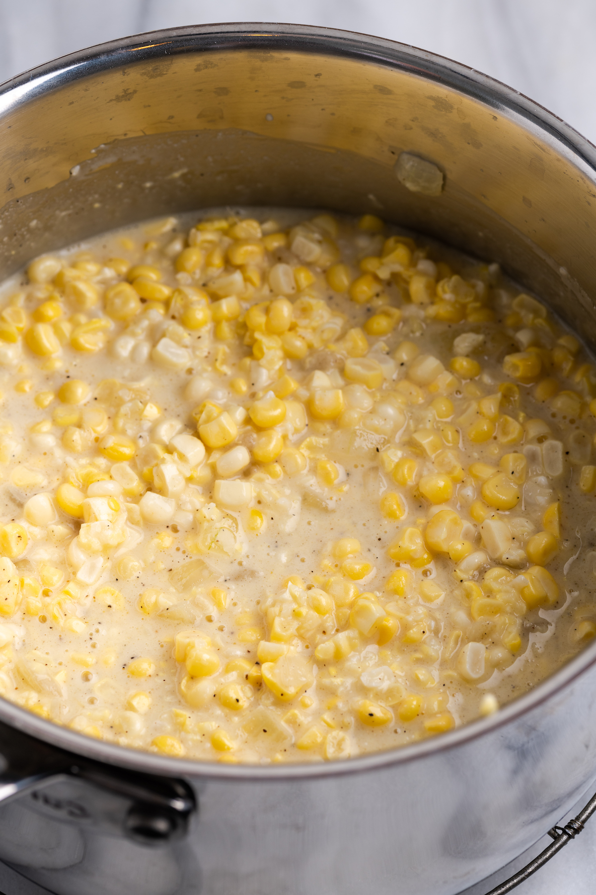 Vegan creamed corn in pot