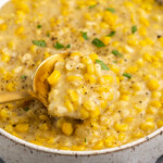Spoonful of vegan creamed corn in bowl