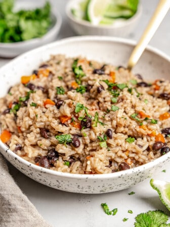 Bowl of congri Cuban rice and beans with spoon