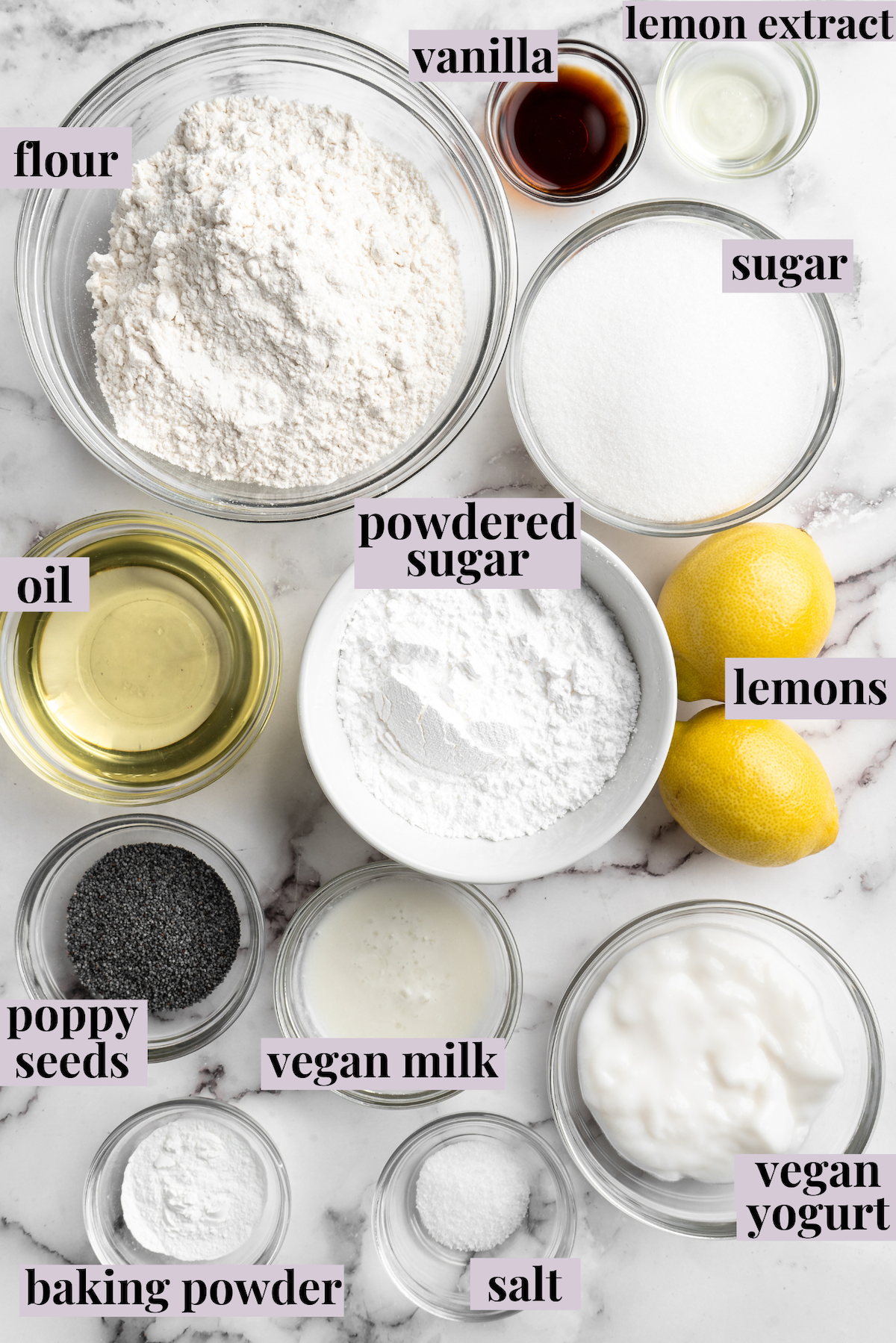 Overhead view of ingredients for vegan lemon poppyseed muffins with labels