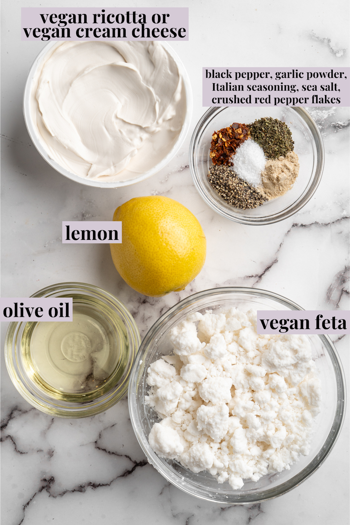Overhead view of ingredients for vegan whipped feta with labels