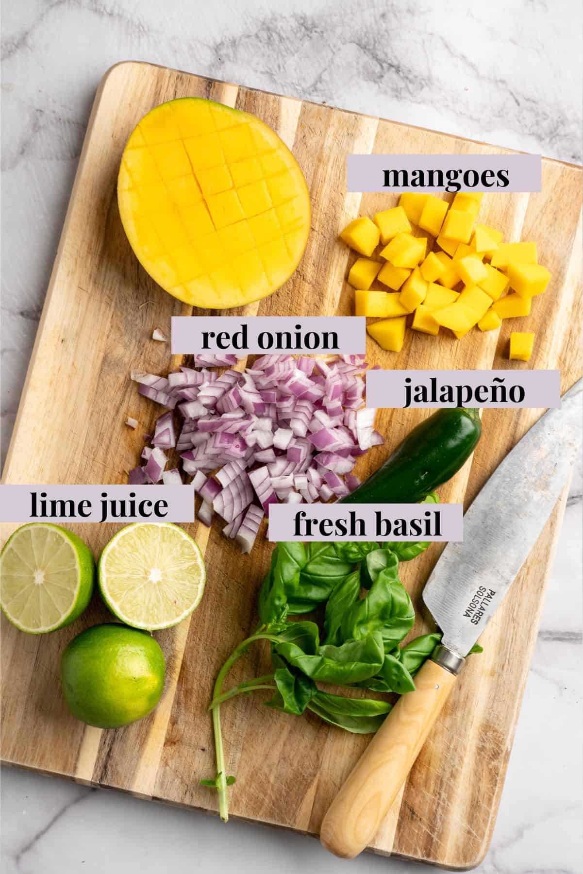 Ingredients for mango basil salsa with labels. - 12
