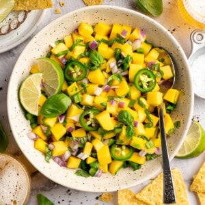 Mango basil salsa in bowl with spoon.