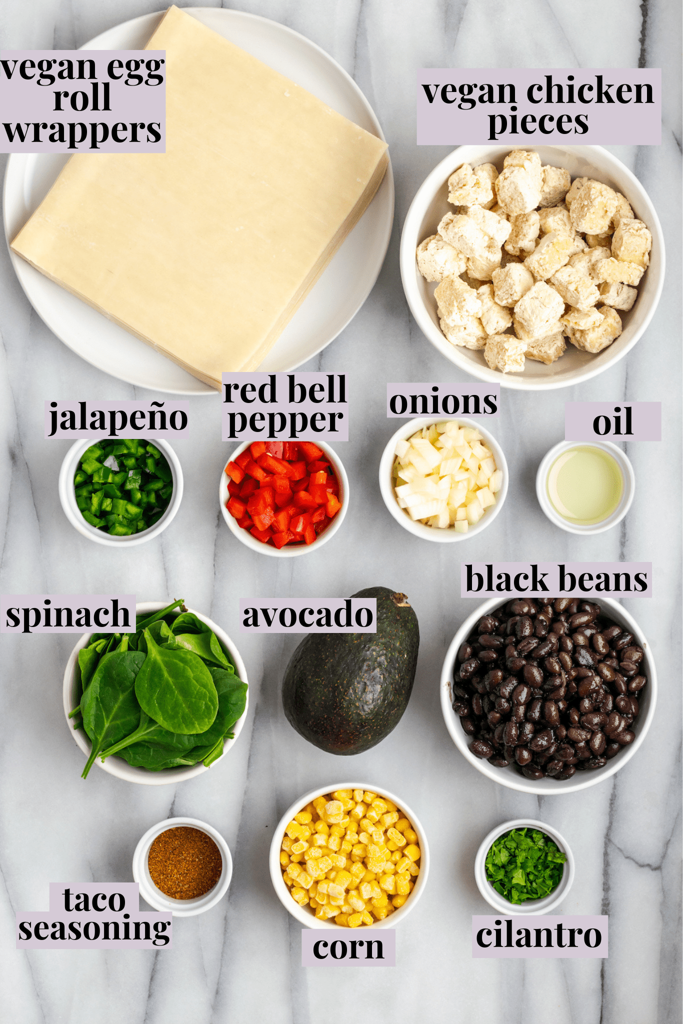 Overhead view of ingredients for vegan southwest egg rolls with labels
