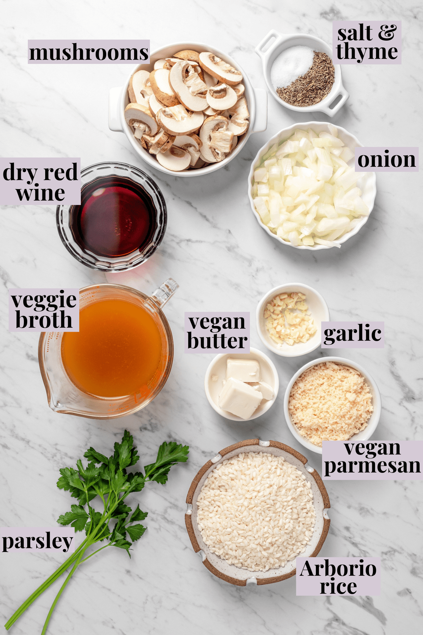 Overhead view of ingredients for vegan Instant Pot risotto with labels
